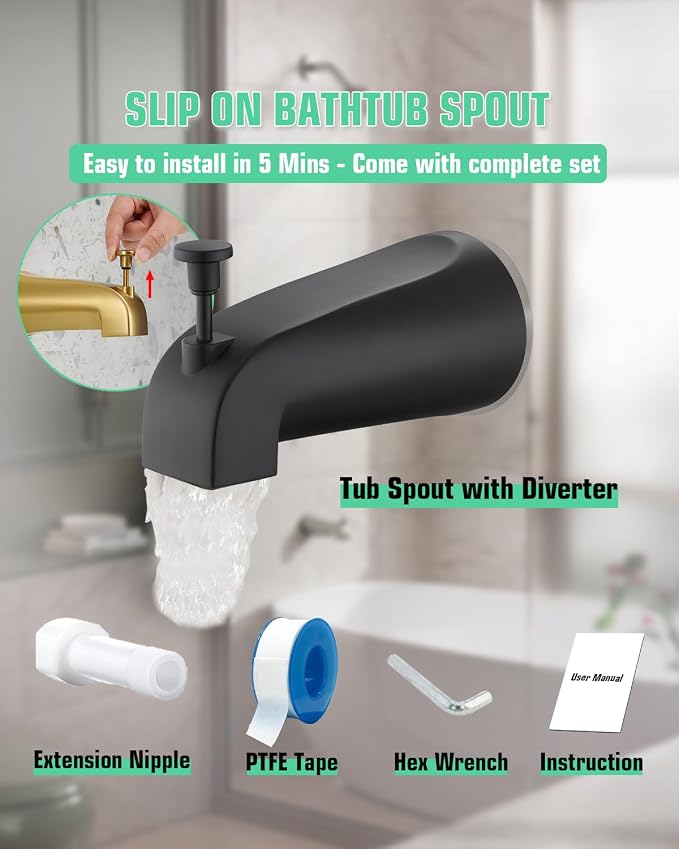 Tub Spout with Diverter, Slip On Bathtub Spout Fits 1/2'' Copper Tube, Bathroom - Image 6