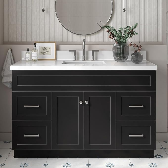 ARIEL 55" Black Bathroom Vanity 1.5" Edge Pure White Quartz Countertop & Splash by Ariel