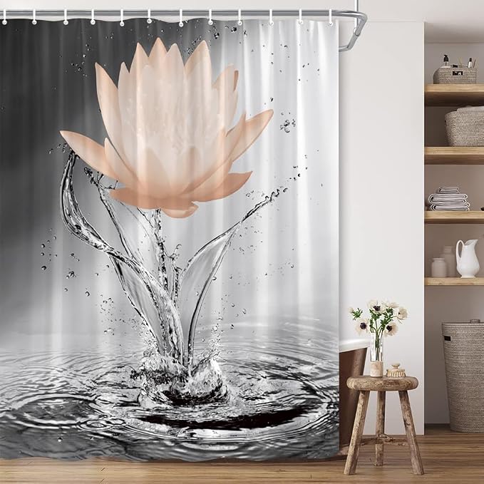 Lotus Shower Curtain Black White Grey Orange Flower Elegant Blooming Floral - Image 4