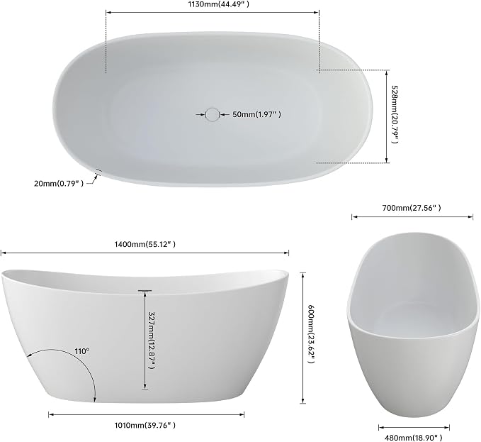 55" Premium Solid Surface Freestanding Bathtubs, Contemporary Design Stand - Image 5