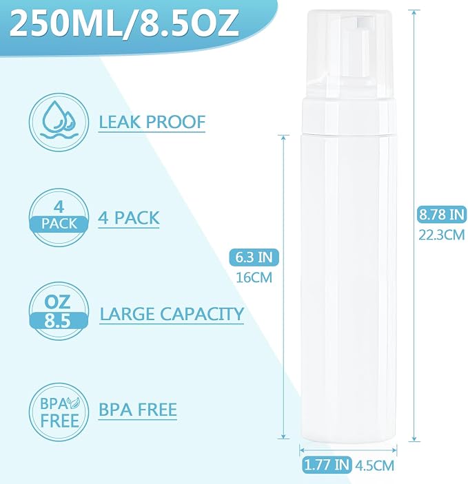 Foam Pump Bottle 8.5oz/250ml White Empty Foam Dispenser Bottle Travel Foaming - Image 2