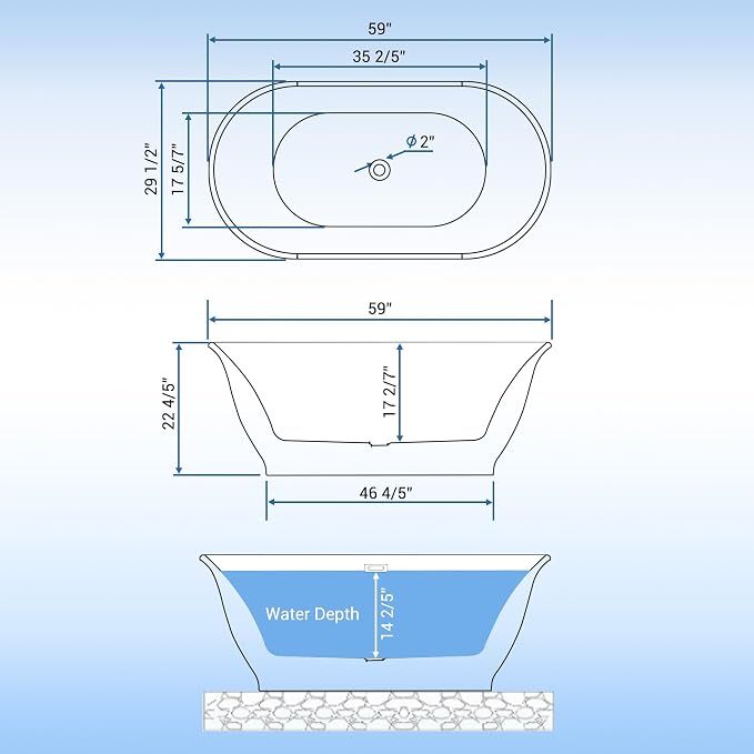 59" Acrylic Soaking Bathtub, Deep Modern Tub - Image 2