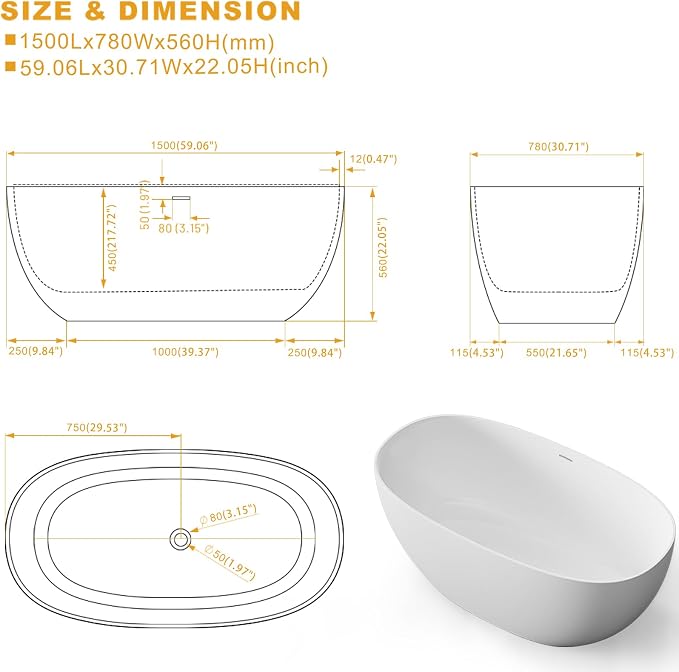 Stone Resin Freestanding Bathtubs, Soklawah 59" Solid Surface Luxury Soaking Tub - Image 7