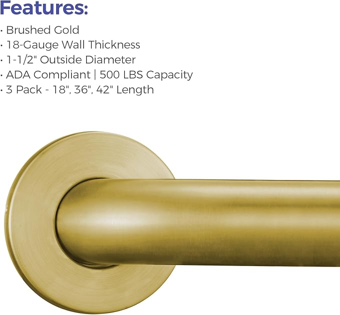 Grab Bar Bundle for ADA Compliance, Brushed Gold Stainless Steel Grab Bar Set - Image 5