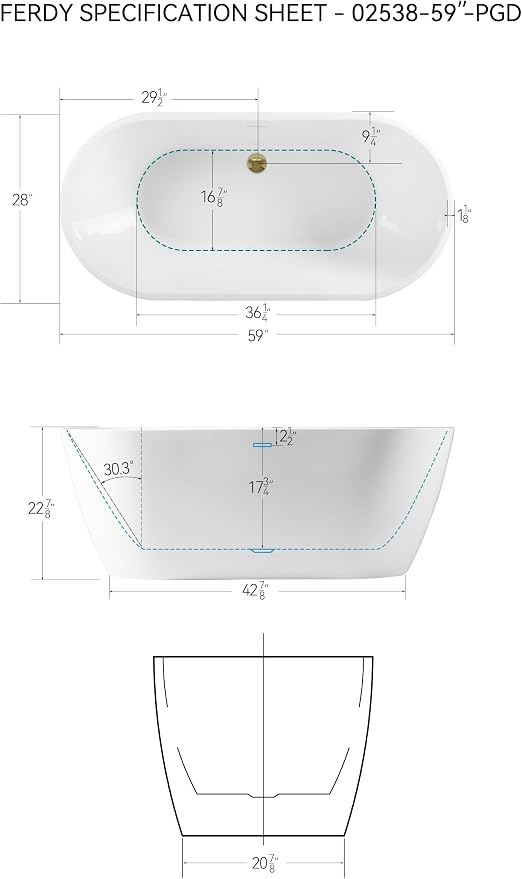 FerdY 59" Bali Acrylic Freestanding Bathtub, Gracefully Shaped Freestanding - Image 7