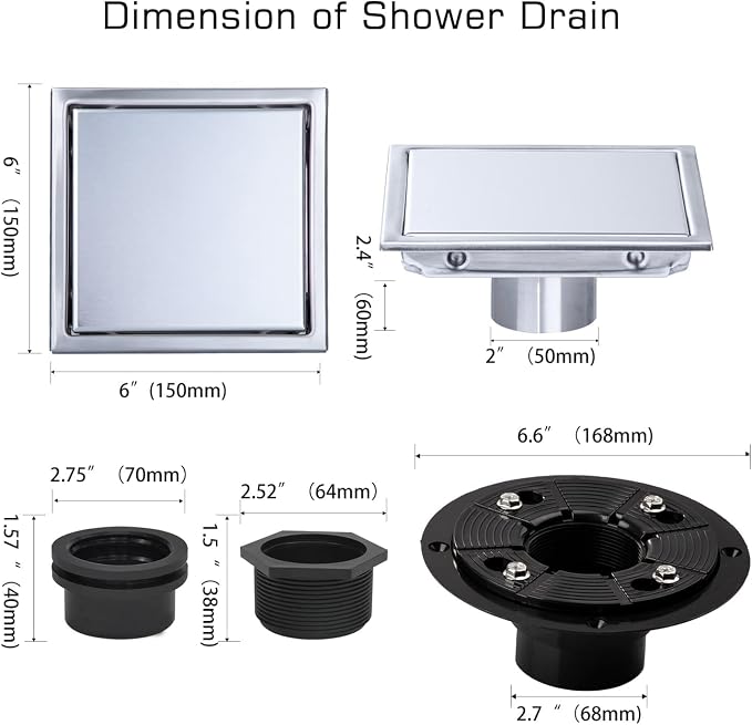 Square Shower Drain, AISI 304 Stainless Steel Shower Floor Drain - Image 5