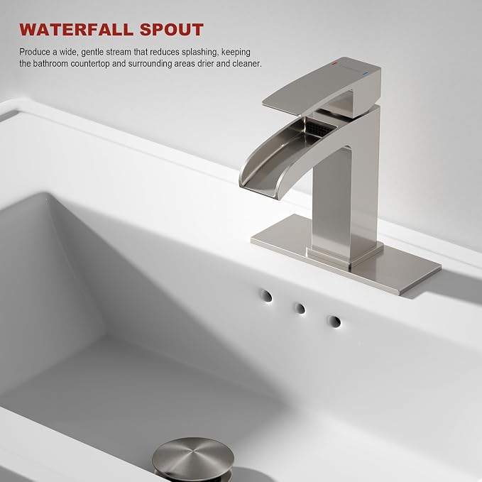 Brushed Nickel Bathroom Faucet Waterfall, Vanity Faucet Brass - Image 3