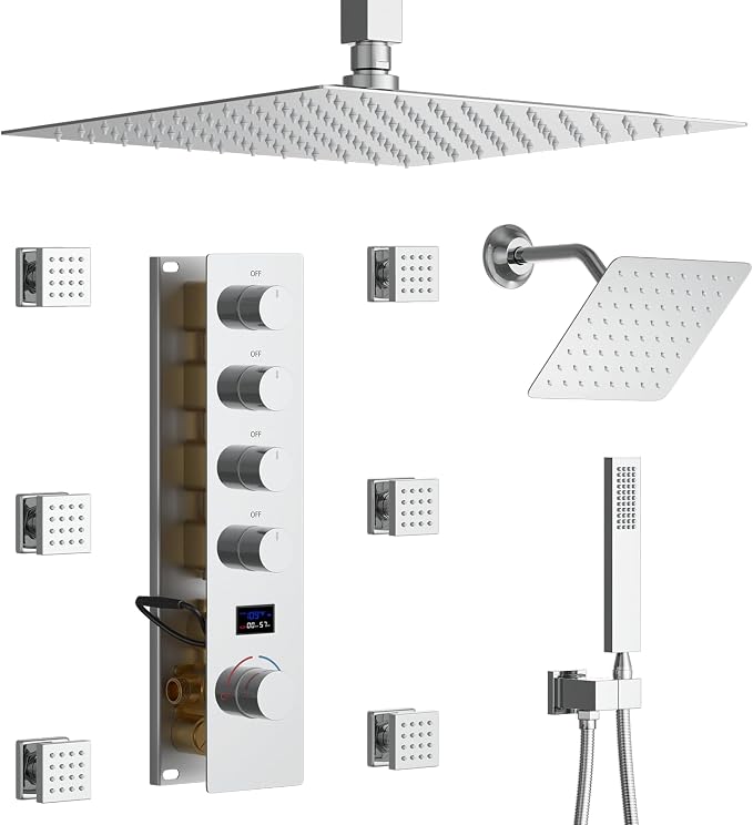 Full Body Shower System Chrome Tempreature Display Shower Faucet Set by KATAIS