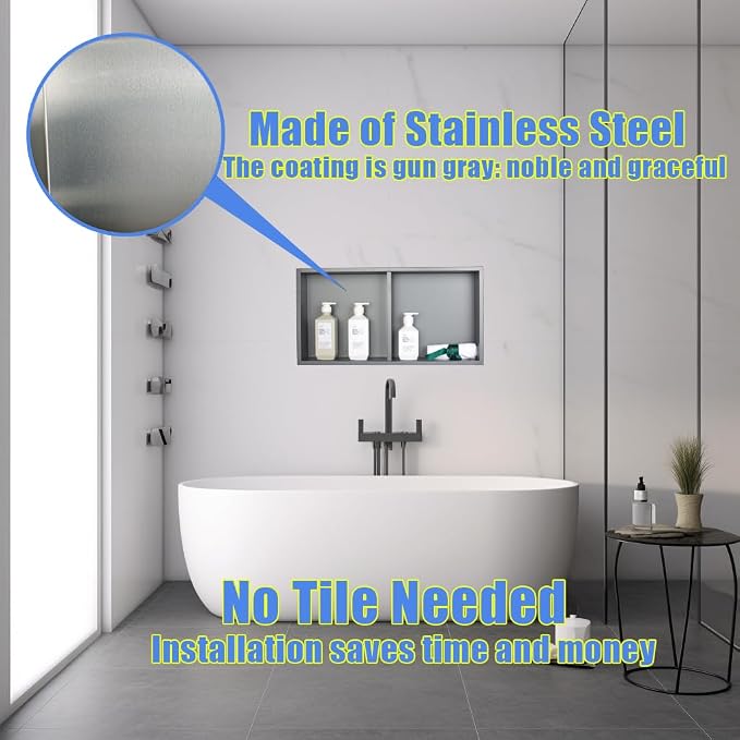 No Tile Ready Gunmetal Shower Niche, Stainless Steel Shower Wall Niche Inserts - Image 5