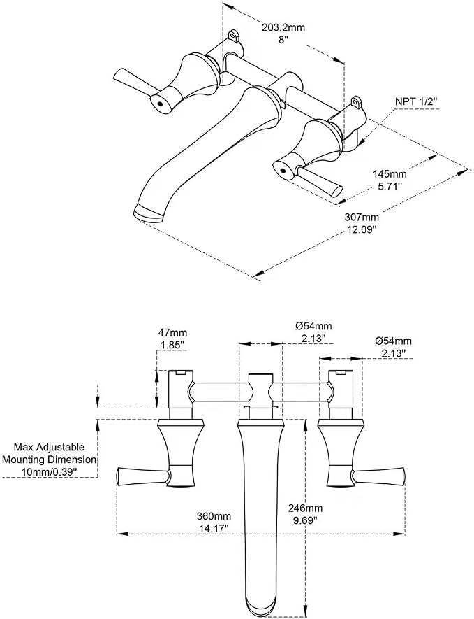 Wall Mount Tub Filler, Roman Tub Faucet Polished Chrome Brass Bathtub Faucets - Image 2