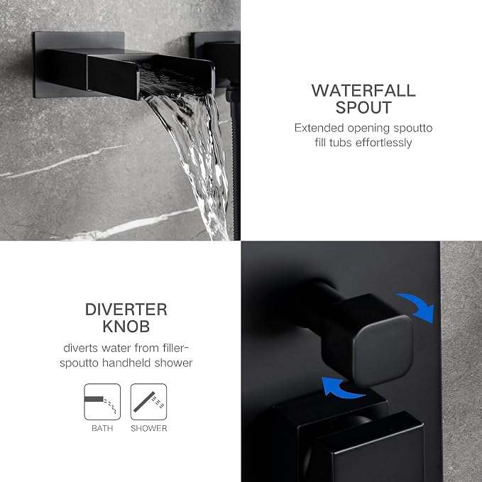 TapLong Matte Black Wall Mount Tub Filler Faucet Set - Image 3