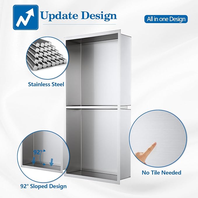 12" x 24" Shower Niche No Tile Needed, 304 Stainless Steel Shower Wall Niche - Image 5