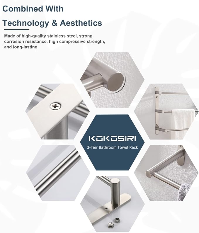 KOKOSIRI Bath Towel Bars Stainless Steel Bathroom 3-Tiers Ladder Towel Rack - Image 7