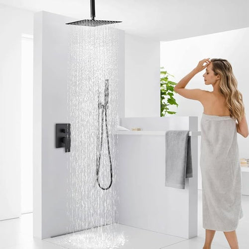 16 Inch Matte Black Ceiling Mount Shower System Bathroom Luxury Rain Mixer - Image 2