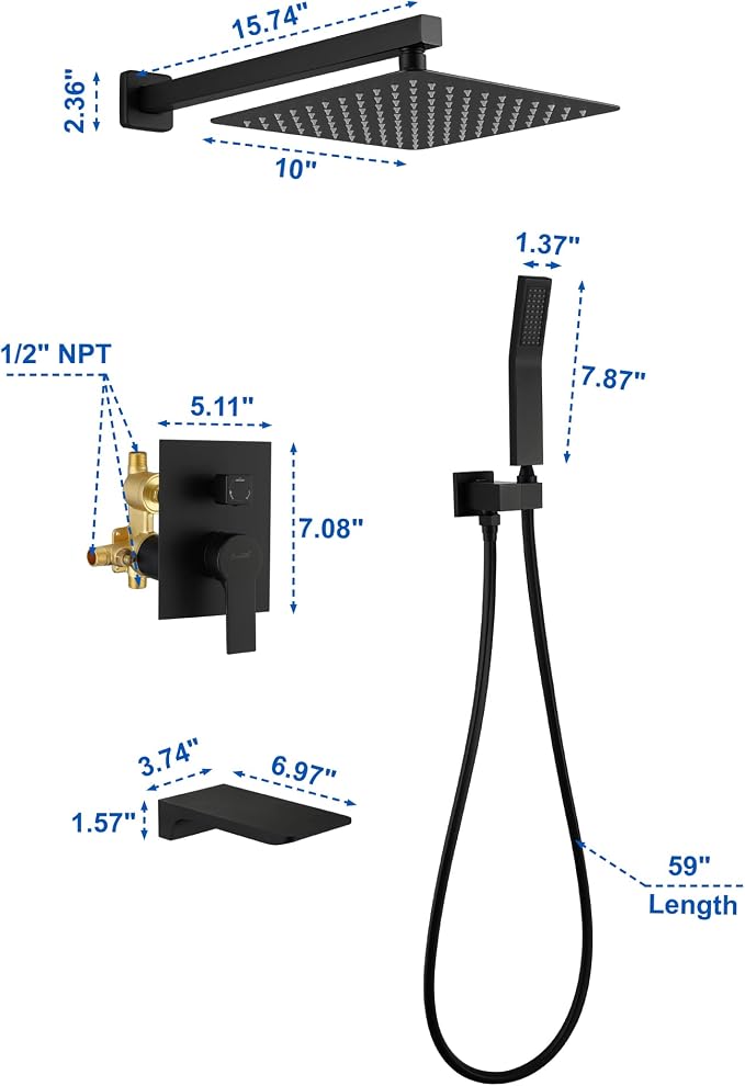 SHAMANDA Shower System with Waterfall Tub Spout and Handheld Shower Head - Image 7