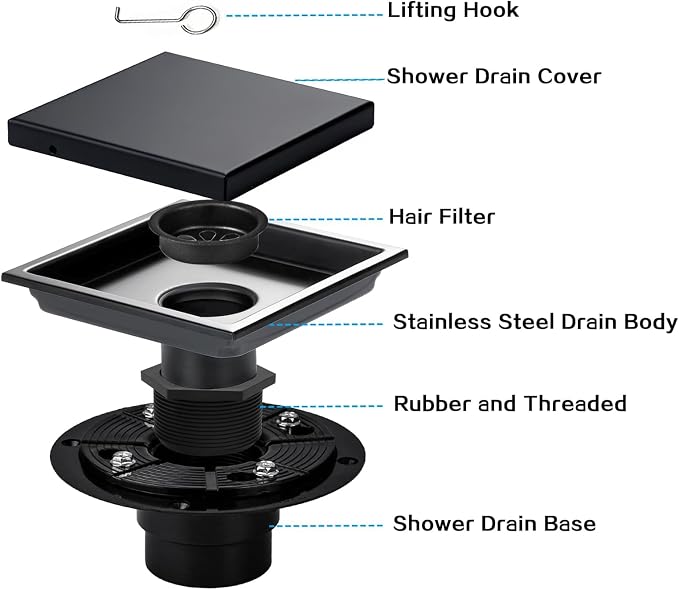 Square Shower Drain, AISI 304 Stainless Steel Matte Black Shower Floor Drain - Image 7