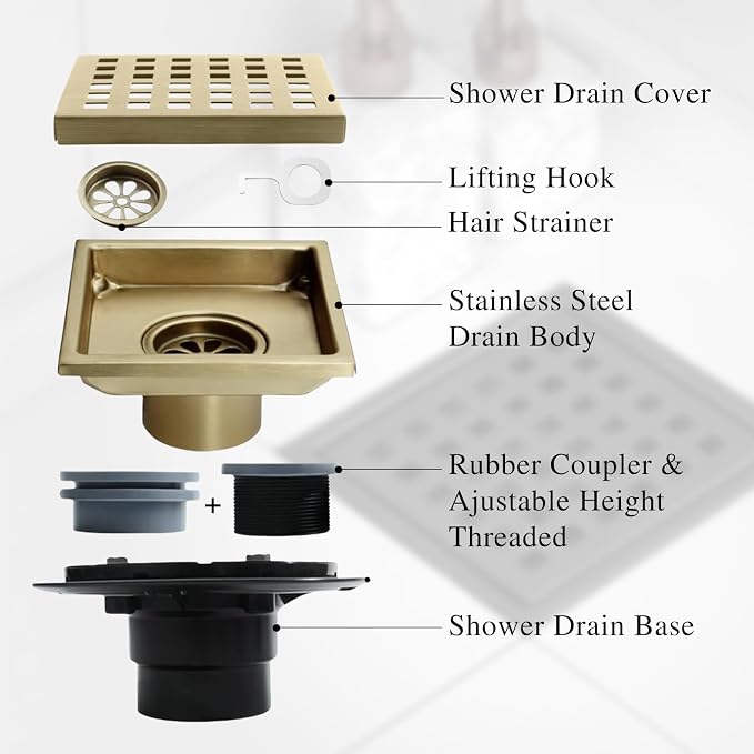6 Inch Square Shower Floor Drain, Stainless Steel Flange - Image 5