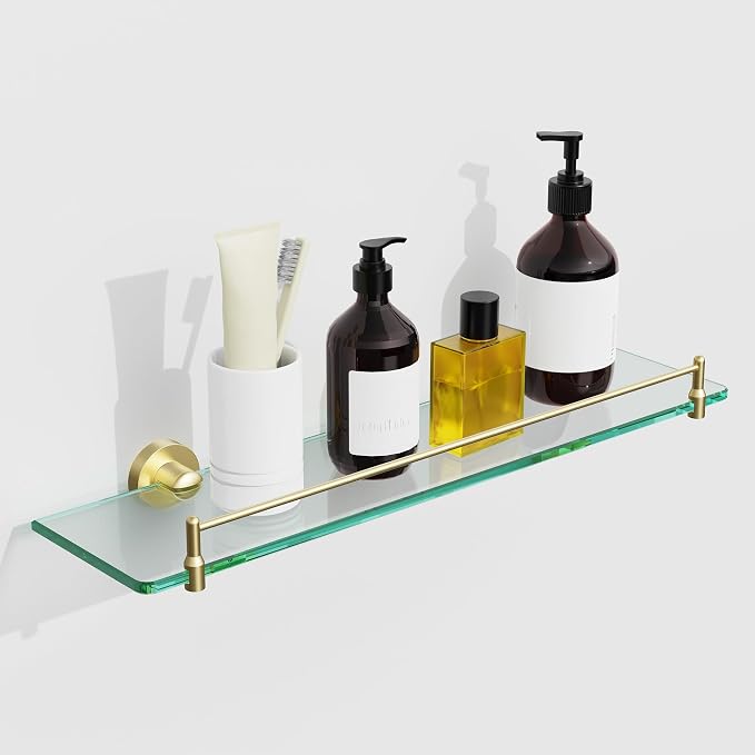 20 Inches Glass Shelves for Bathroom, Brushed Gold Floating Glass Shelf by HOMELIFE