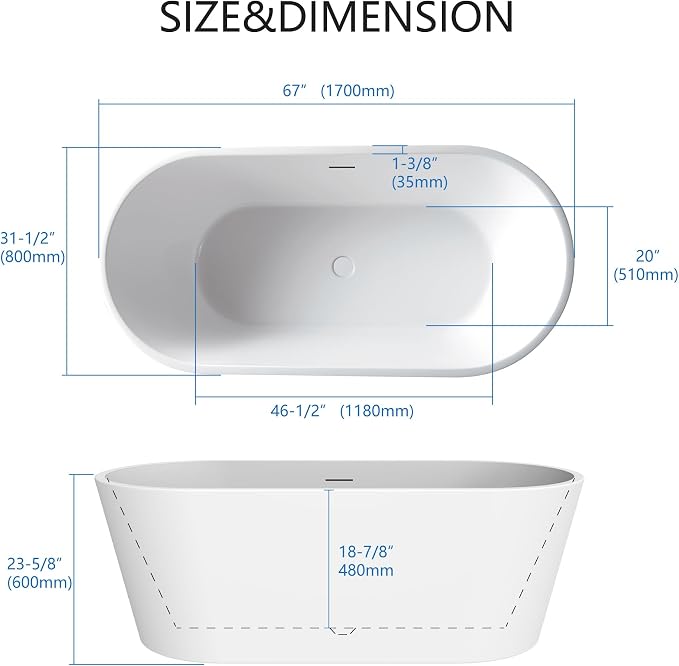 67" Acrylic Free Standing Tub, Stand Alone Tub, Freestanding Bathtub, Soaking - Image 4