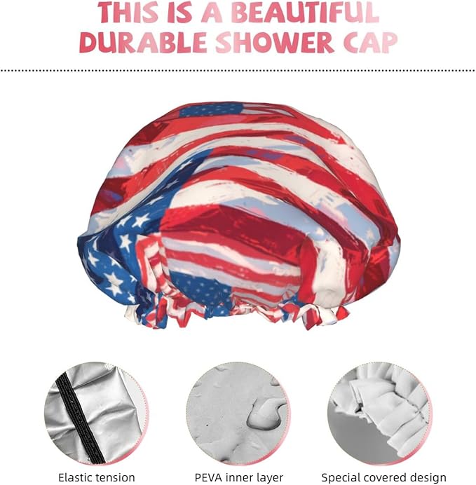 Double Layers Shower Cap for Women Girl, USA Flag Grunge Old American Flag Art - Image 5