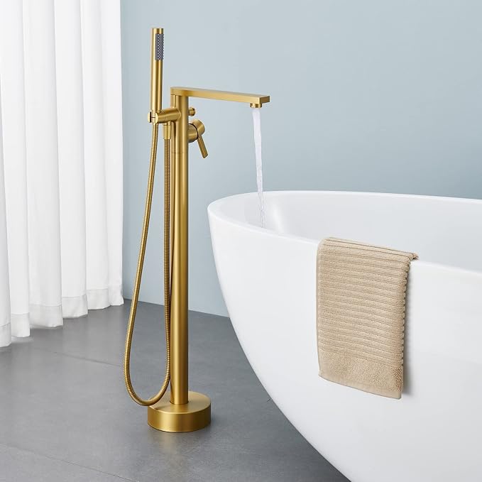 Freestanding Bathtub Faucet Tub Filler Brushed Gold Floor Mount Brass Single - Image 3