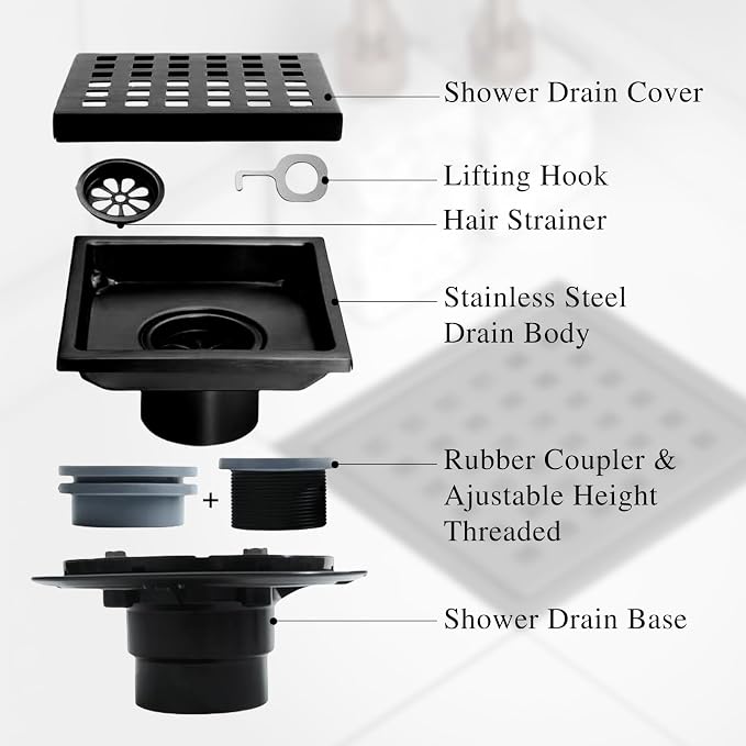 6 Inch Square Shower Floor Drain, Stainless Steel Flange - Image 5