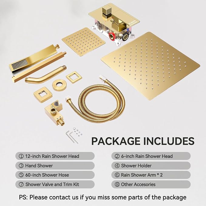 Shower Faucet Set Brushed Gold Shower System, STARBATH 12+6" Dual Rain Shower - Image 8