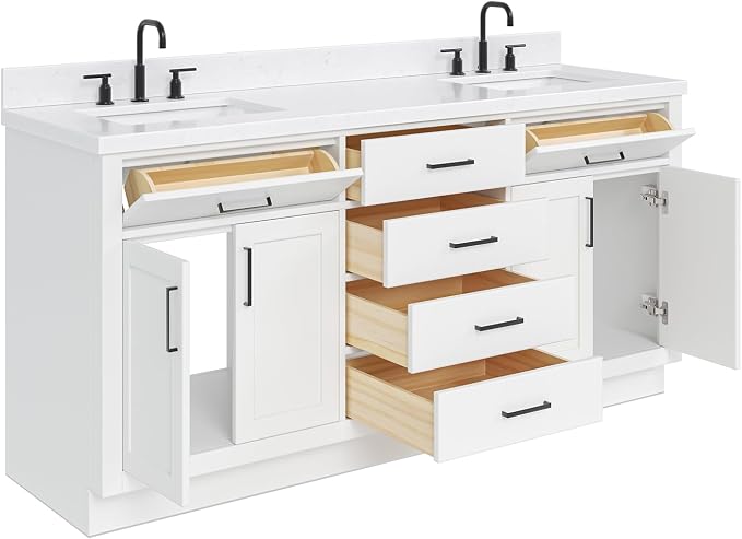 ARIEL Hepburn 72" White Double Vanity, 1.5" Edge Carrara Quartz Countertop & - Image 4