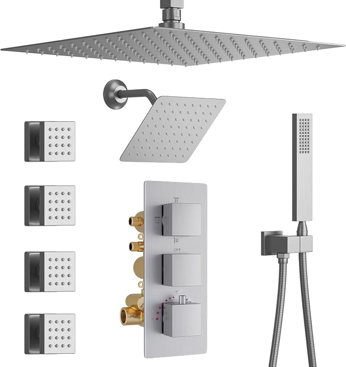 Thermostatic Shower System Brushed Nickel Shower Faucet Set, Four Modes Shower by KATAIS