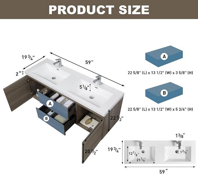 Floating Vanity Bathroom, 60 Inch Bathroom Vanity - Image 2