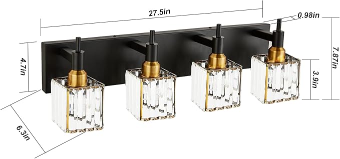 Gold Black Crystal Bathroom Lighting Fixtures, 4 Light Brass Modern Crystal - Image 4