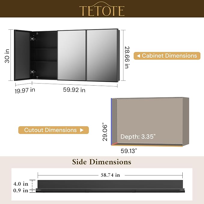 TETOTE 60" x 30" Black Recessed Medicine Cabinets Mirror Bathroom Storage - Image 2