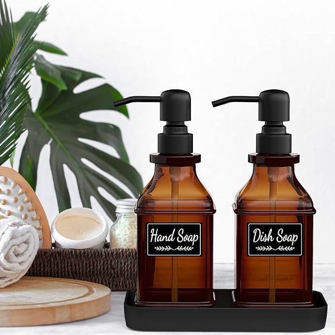 Soap Dispenser - 2 Pack, Antique Design Thick Amber Glass Hand Soap Dispensers - Image 5