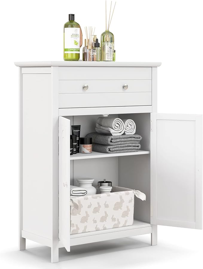 COSTWAY Bathroom Floor Cabinet, Wooden Side Storage Organizer w/Larger Drawer by COSTWAY