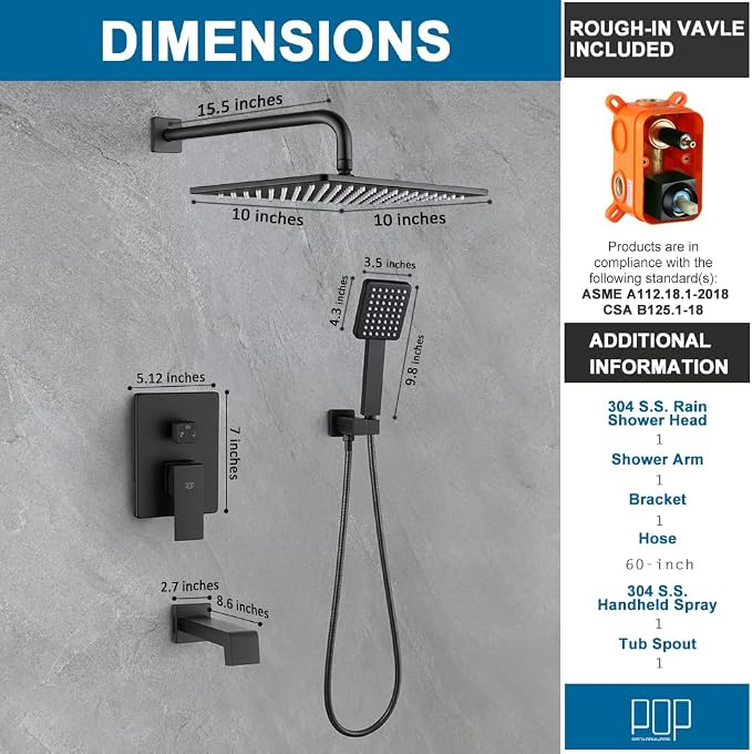POP SANITARYWARE Matte Black Shower Tub Faucet Set Bathroom Rain Shower System - Image 9