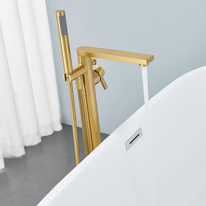 Freestanding Bathtub Faucet Tub Filler Brushed Gold Floor Mount Brass Single - Image 4
