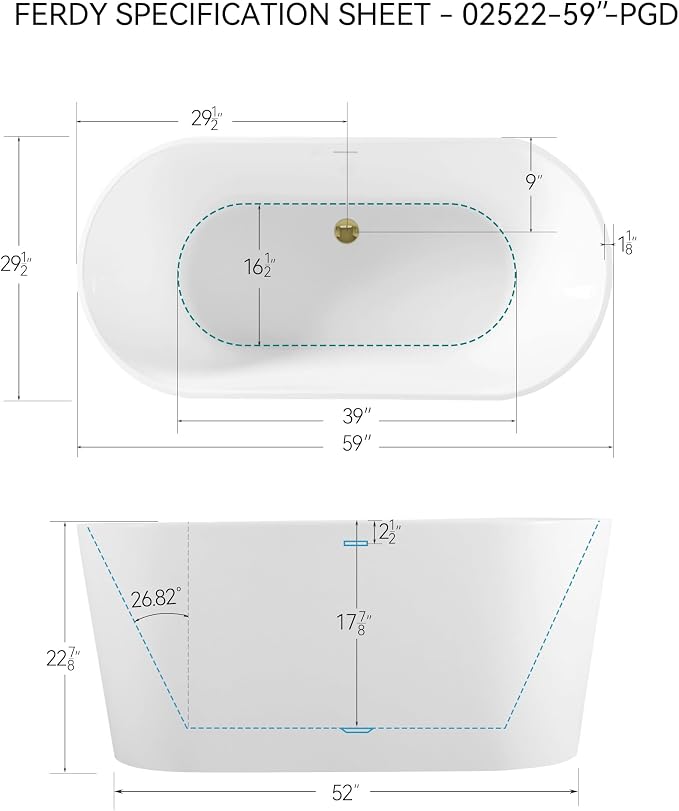 FerdY Shangri-La 59" Acrylic Freestanding Bathtub, Gracefully Shaped Soaking - Image 7