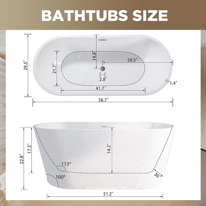 Zavdte 59'' Freestanding Acrylic Bathtub, Gloss White Stand Alone Soaking Tub - Image 8