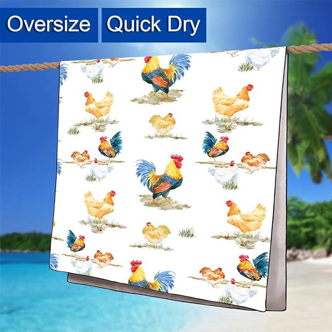 Country Rooster Pattern Beach Towel 36"x72" Quick-Dry Sand-Free Soft Microfiber - Image 6