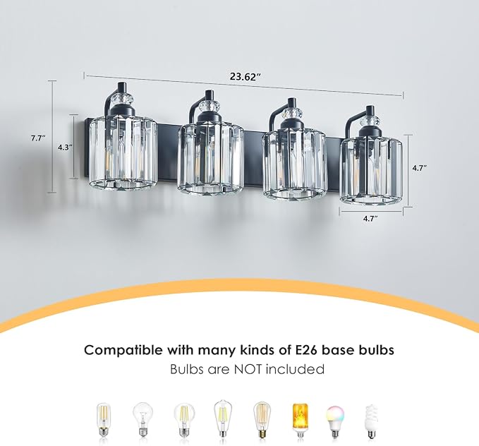 4-Light Black Bathroom Light Fixtures Over Mirror Modern Vanity Lights Crystal - Image 4