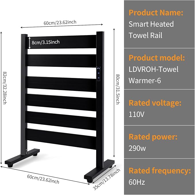 Towel Warmer Rack with 6 Widened Bars, Wall-Mounted Heated Towel Dryer with - Image 3