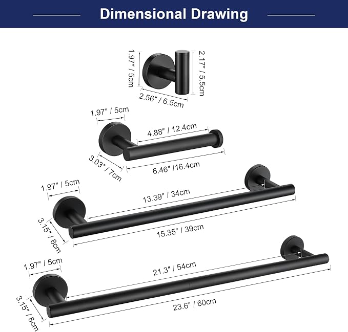 5 Pieces Matte Black Bathroom Hardware Set, 23.6-inch+15.35-inch Bathroom Towel - Image 6