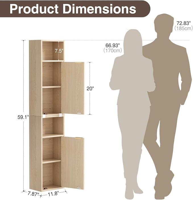 59.1" Tall Slim Bathroom Storage Cabinet Oak | Freestanding or Wall Mounted - Image 2