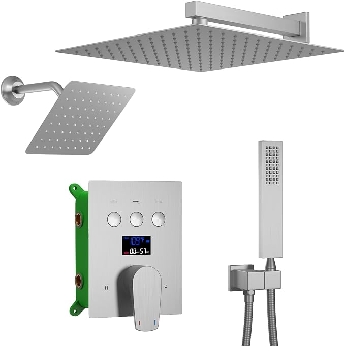 Temperature Display Shower Fixtures Brushed Nickel Rainfall Shower System by KATAIS