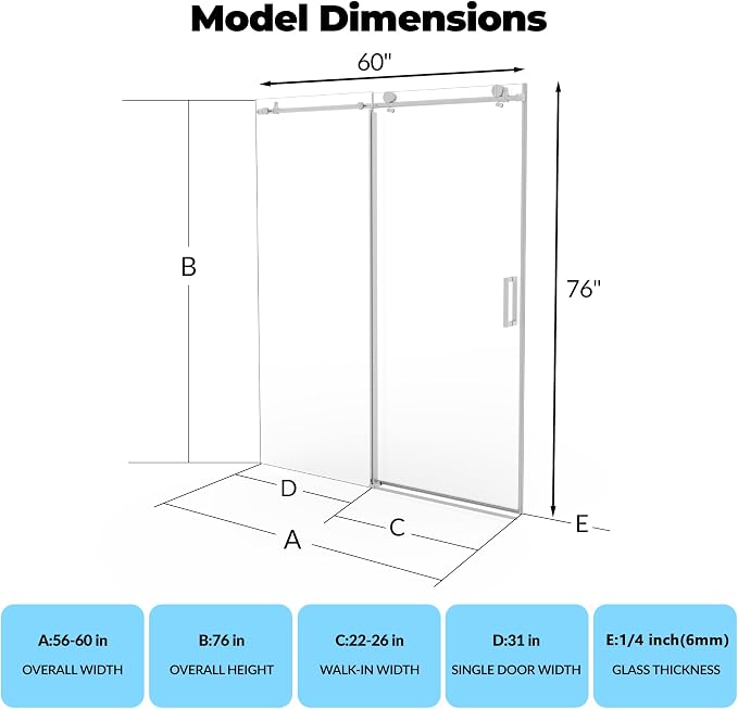 Frameless Sliding Shower Door, 6mm SGCC Tempered Clear Glass - Image 2