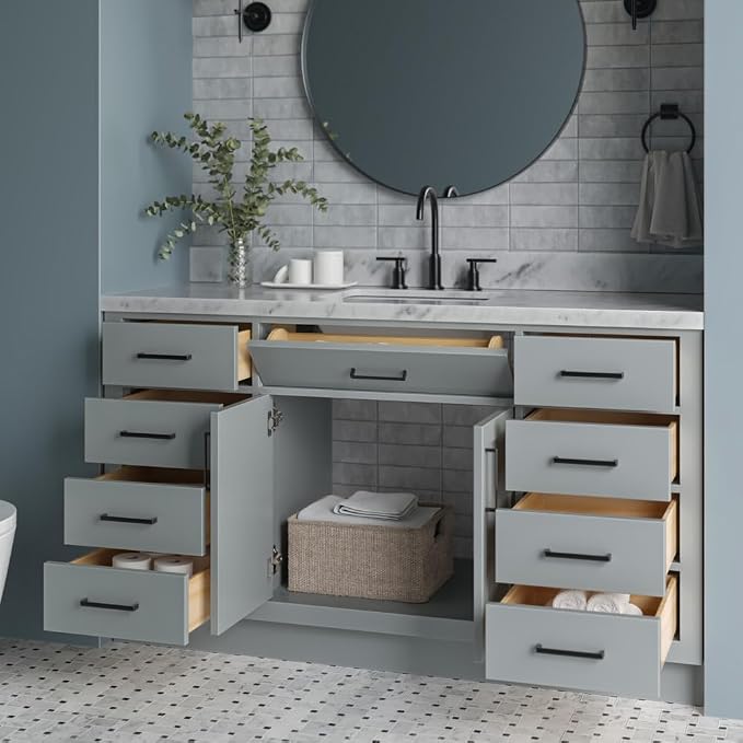 ARIEL 61" Grey Bathroom Vanity, 1.5" Edge Italian Carrara Marble Countertop & - Image 6