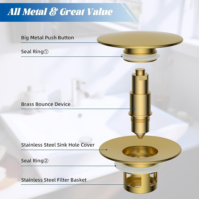Hibbent 2 Pack All Metal Bathroom Sink Stopper, Universal Pop Up Drain Strainer - Image 8