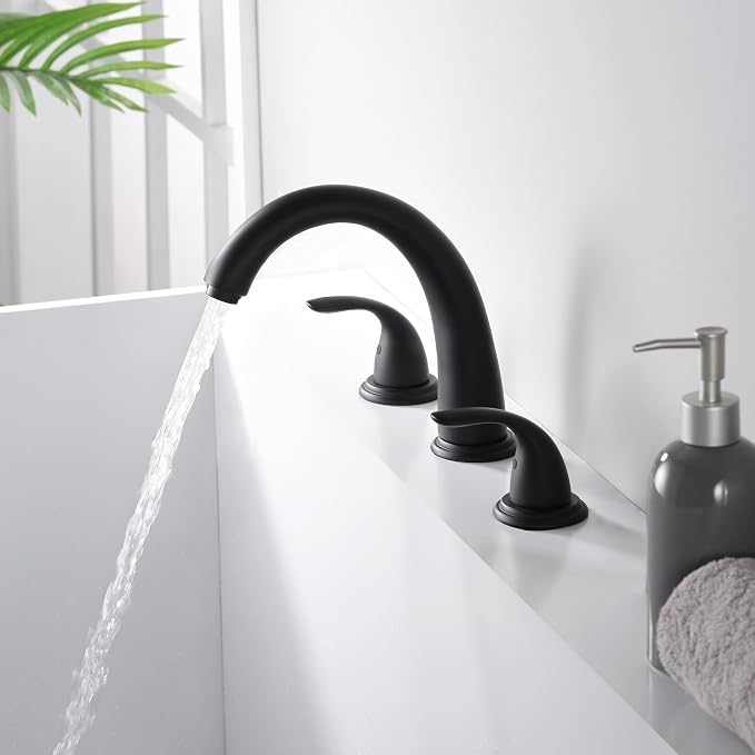 SUMERAIN Matte Black 3 Hole Deck Mounted Widespread Roman Tub Faucet Set - Image 3