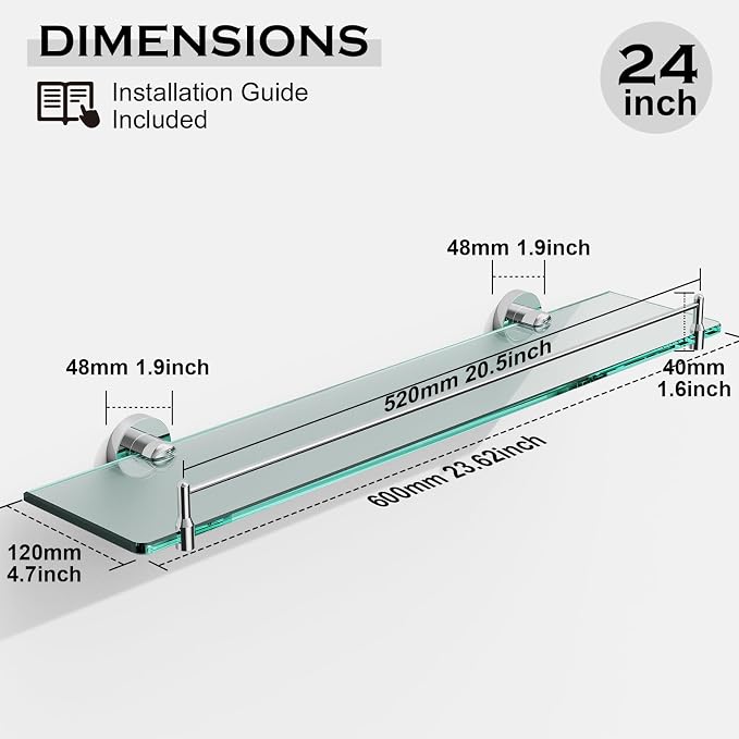 24 Inch Glass Bathroom Shelves, Chrome Polished Floating Shelves - Image 3