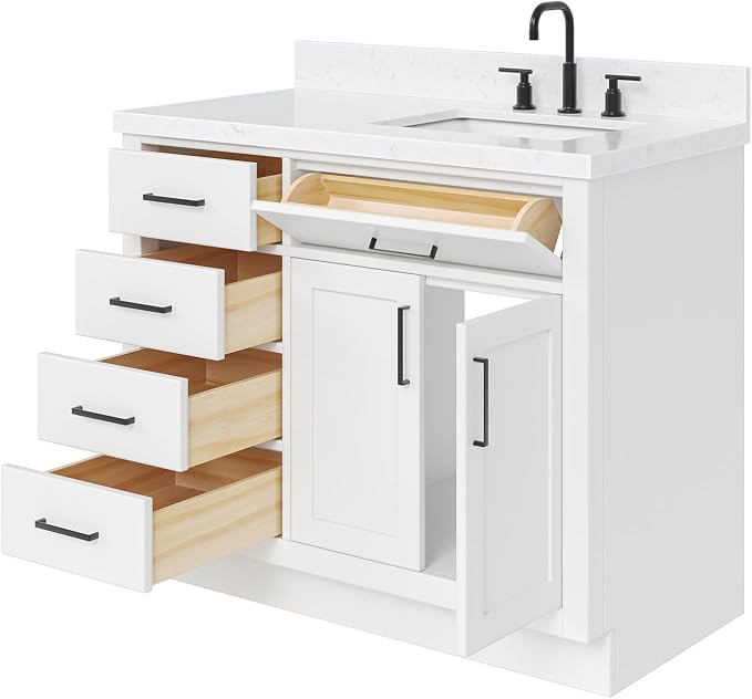 ARIEL Hepburn 42 Inch Single Sink Bathroom Vanity in White, 1.5" Edge Carrara - Image 3